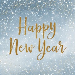 Happy new year gold glitter text on a light blue background with white and gold confetti falling down