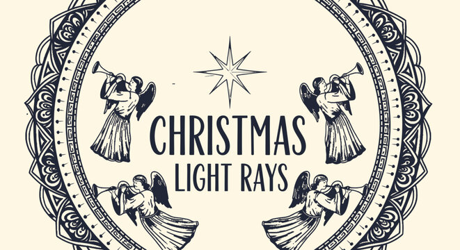 ornate festive angel heralds in circular frame with christmas light rays