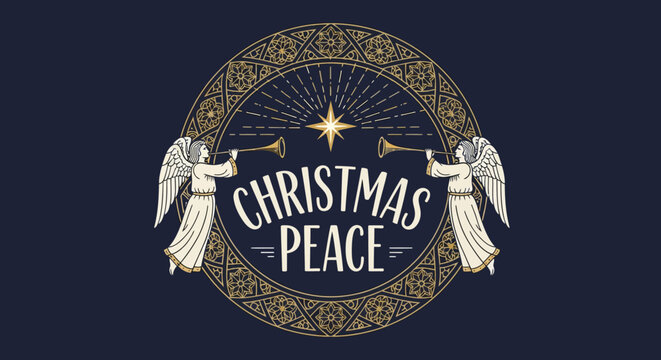 Christmas Peace artwork with angels blowing trumpets and shining star