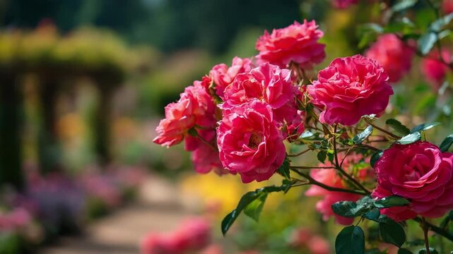 Shot focusing on diseaseresistant roses in a landscaped border illustrating strong growth and bright petals undeterred by typical fungal threats.