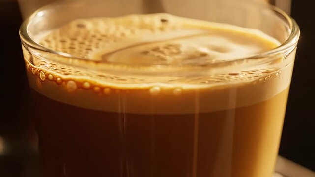 Close-up shot of a glass of frothy brown liquid with bubbles on the surface in a dimly lit setting.