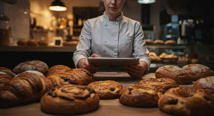Skilled baker managing inventory on tablet amidst delicious fresh breads and pastries, showcasing modern bakery operations