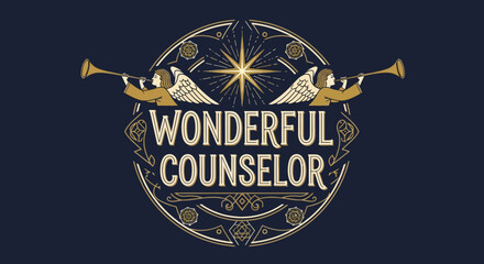 ornate celestial emblem featuring trumpet-playing angels and textual centerpiece