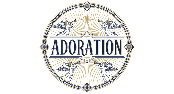 Adoration Emblem with Angelic Figures and Intricate Design Elements