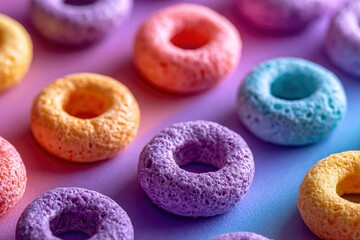 Macro photograph of colorful cereal rings arranged on a vibrant graduated purple and pink