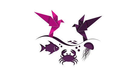 Whimsical origami birds above stylized ocean life creates a playful and modern design, perfect for marine biology or creative projects