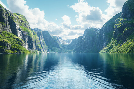 Breathtaking View from Edge of a Towering Fjord A panoramic vista where sheer cliffs drop into deep blue abyss below