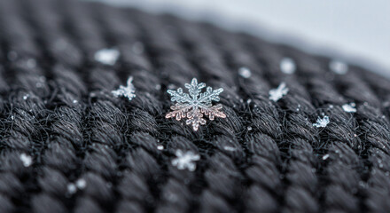 Stunning macro view captures intricate snowflake detail on textured dark fabric, perfect for winter campaigns