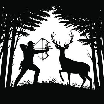 Bow hunter aiming at a deer in a forest silhouette