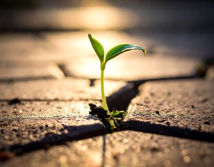 Small green sprout growing out of crack in paving stones
