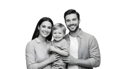 A happy family with a young child smiling together.