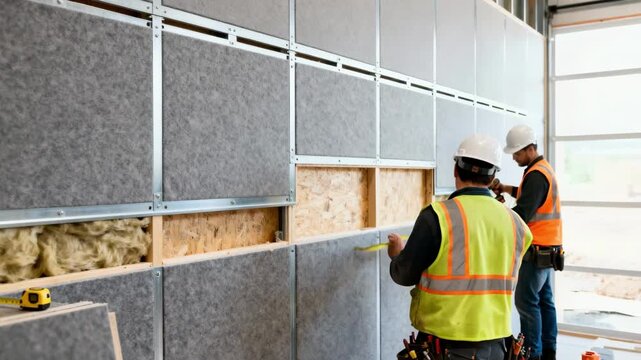 Medium shot focusing on workers assembling soundproof wall with dense core and acoustic panel layers illustrating effective noisereduction techniques in modern buildings.