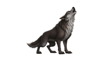A majestic gray wolf stands alone howling at the sky.