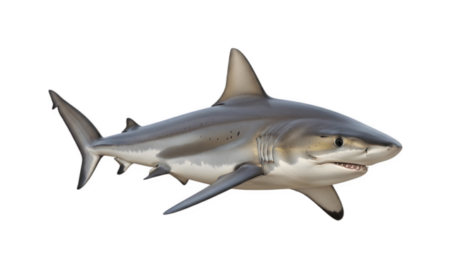 A powerful grey shark swimming in profile view isolated on a white background.