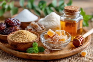 A beautiful arrangement of various natural sweeteners including honey, sugar, dates, and candied fruits on a rustic wooden platter surrounded by fresh mint leaves