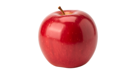 A single shiny red apple with a stem isolated on a white background.