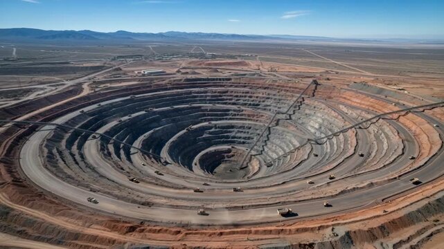 Spiralpatterned openpit excavation layout displaying a continuous winding ramp system to facilitate smooth transportation of materials in mining operations.