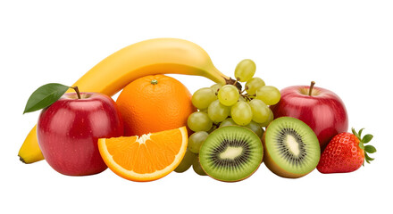 A vibrant assortment of fresh ripe fruits including apples bananas oranges grapes kiwi and strawberry.