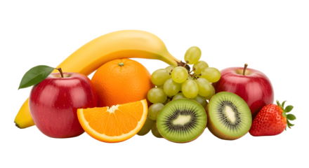 A vibrant assortment of fresh ripe fruits including apples bananas oranges grapes kiwi and strawberry.