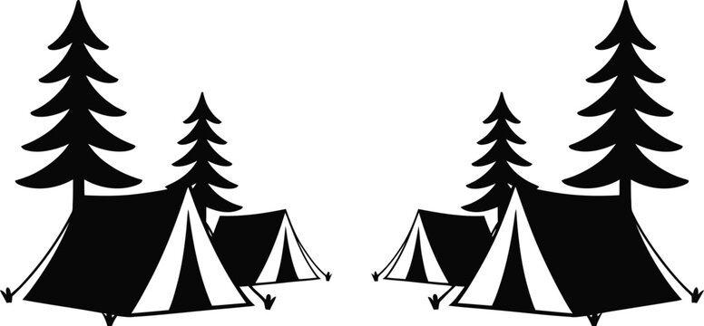 Four tents pine tree campsite icon with a distinctive silhouette