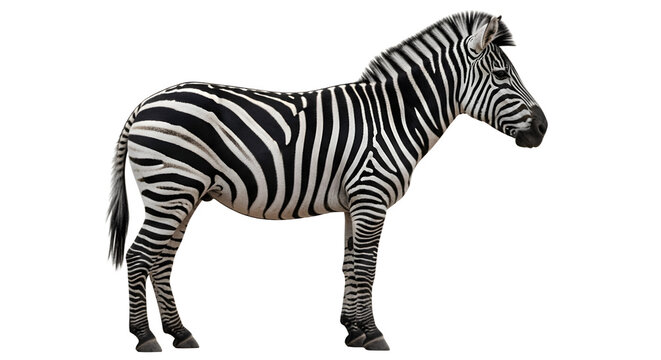 A striking side profile of a wild zebra with distinctive black and white stripes.
