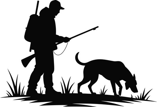 Hunter with tracking dog and rifle silhouette for outdoor adventure