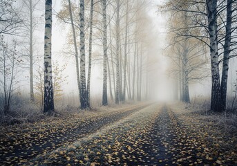 Obraz premium Ethereal birch forest lane shrouded in dense fog with autumn leaves and frost.