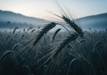 Obraz premium Macro view of glistening dewdrops on rye grain in a misty field at early morning.