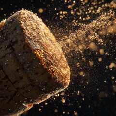 A close up of a champagne cork with particles flying off against a dark background in a studio shot