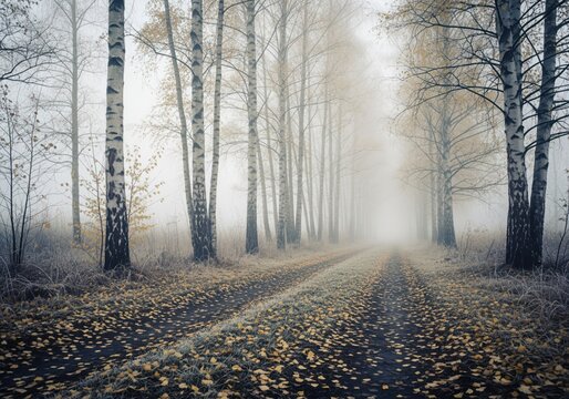 Ethereal birch forest lane shrouded in dense fog with autumn leaves and frost.