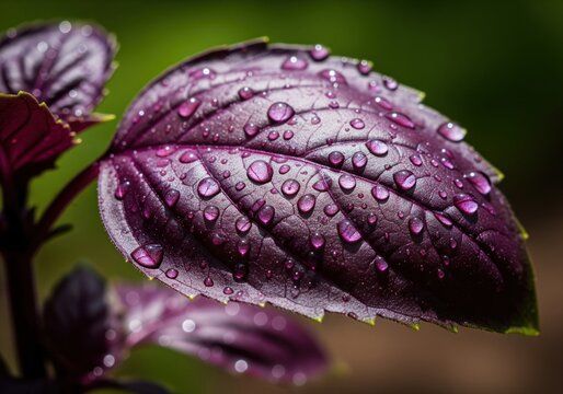 Vibrant purple basil leaf texture highlighted by glistening water drops