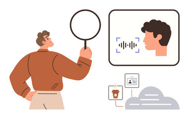 Person holding magnifying glass toward digital facial recognition interface and icons for data, cloud, and ID. Ideal for technology, cybersecurity, analytics, privacy, research, AI identity in