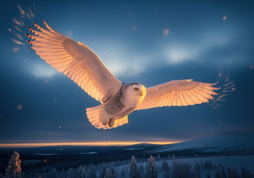 Powerful snowy owl soaring through the twilight sky above a frozen winter forest