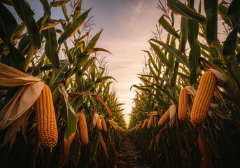 Obraz premium Ripe golden corn ears hanging from tall stalks in a vast agricultural field at sunset.