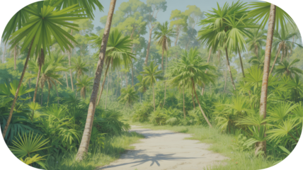 Sandy Path Through a Lush Tropical Palm Forest with Dense Green Foliage trail walkway isolated on a transparent background