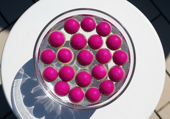 Overhead view of bright magenta spheres floating in water in a glass bowl on a white table.
