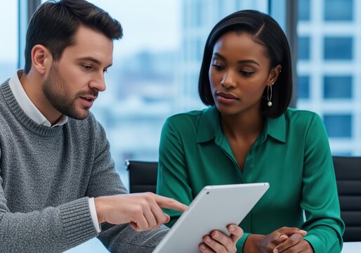 Diverse business colleagues collaborating on a digital tablet during a corporate meeting