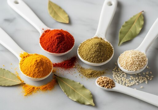Variety of colorful ground spices and seeds in white ceramic spoons for cooking. - Powered by Adobe