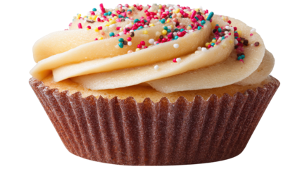 Birthday cupcake with candle on light grey table against blurred lights. Space for text