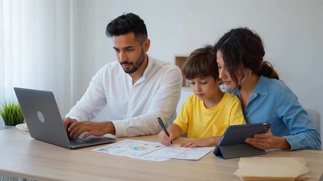 Family working together at home with laptop, tablet, and schoolwork