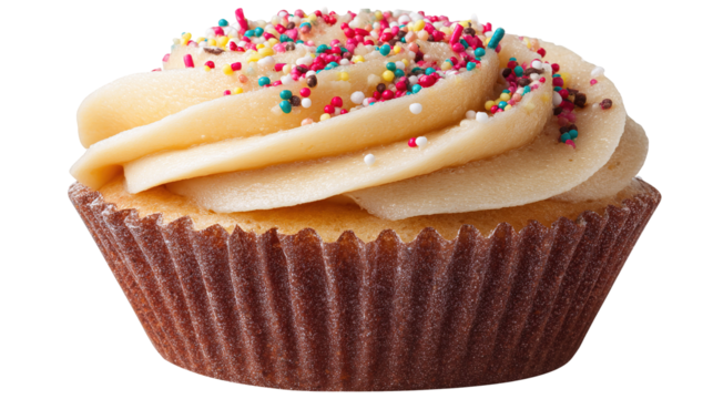 Birthday cupcake with candle on light grey table against blurred lights. Space for text