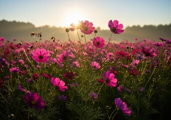 Stunning field of vibrant pink cosmos flowers backlit by the golden morning sun.