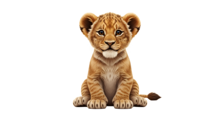 Adorable baby lion cub sitting patiently on a white background.