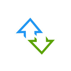 Up and Down Arrow Icon for Data Transfer and Sync. Data Transfer Arrows Icon in Blue and Green. Upload and Download Arrow Icon Design. Blue and Green Arrows Showing Data Movement.