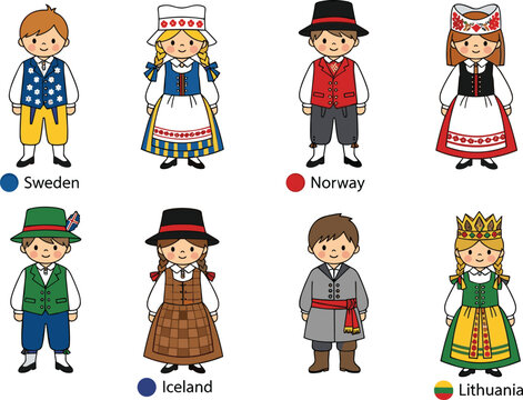 Cartoon children in folk costumes, Sweden, Norway, Iceland, Lithuania, traditional clothing, cultural diversity, heritage, national identity, ethnic fashion, illustration