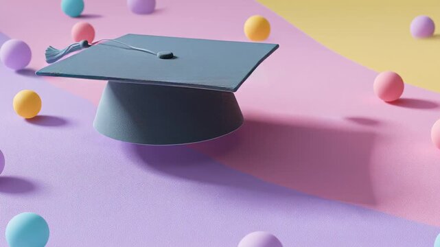 Graduation Cap on Pastel Background with Colorful Spheres Playful, Celebratory, and Whimsical Atmosphere Symbolizing Education Achievement