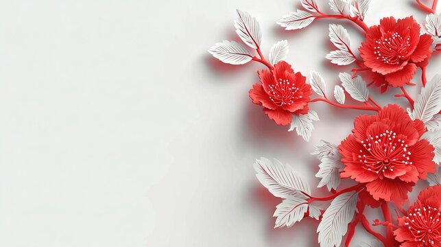 White Flowers on Red Background with Curved Lines, Chinese Paper-Cut Style New Year Illustration