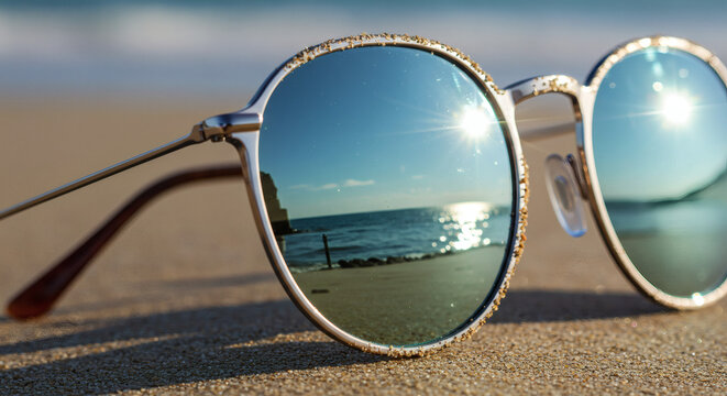 Reflective sunglasses capture stunning ocean sunset on sandy beach, evoking vacation bliss and coastal serenity