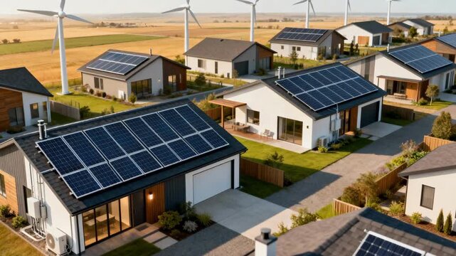 Medium shot of a neighborhood with visible solar arrays and wind turbines demonstrating effective offgrid microgrid solutions for energy independence.