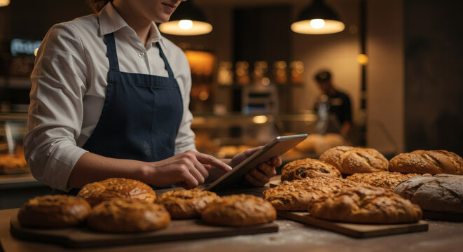 Baker managing inventory on tablet with fresh artisan bread displayed in warm bakery setting